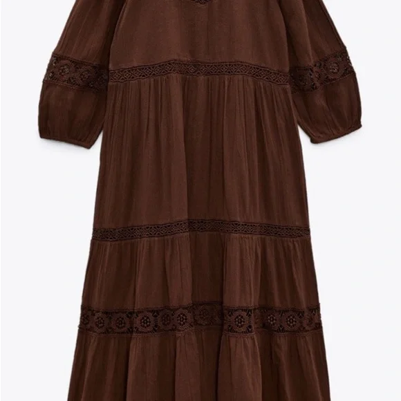 🐣 SALE Zara Dark Brown Embroidered Maxi Dress - Picture 3 of 7